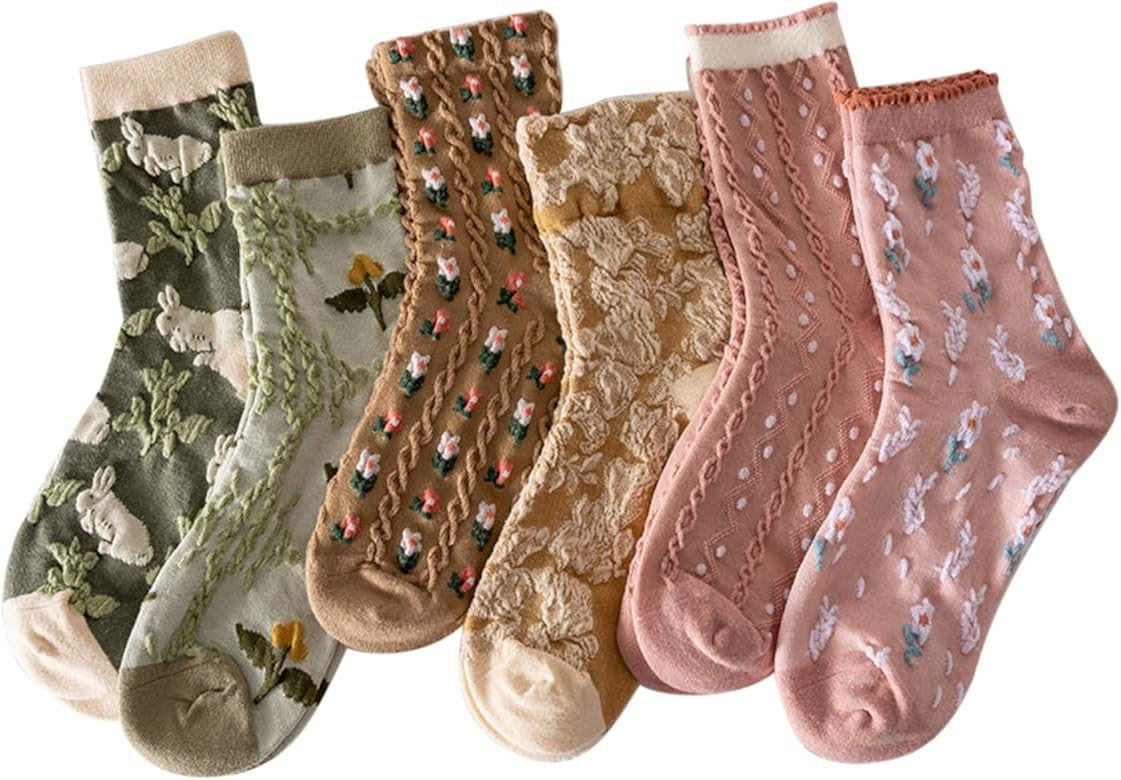 MeganJDesigns Floral Socks Set of 6 Pairs Pack Women 6Pieces Cute Flower Geometric 3D Textured 6P... | Amazon (US)