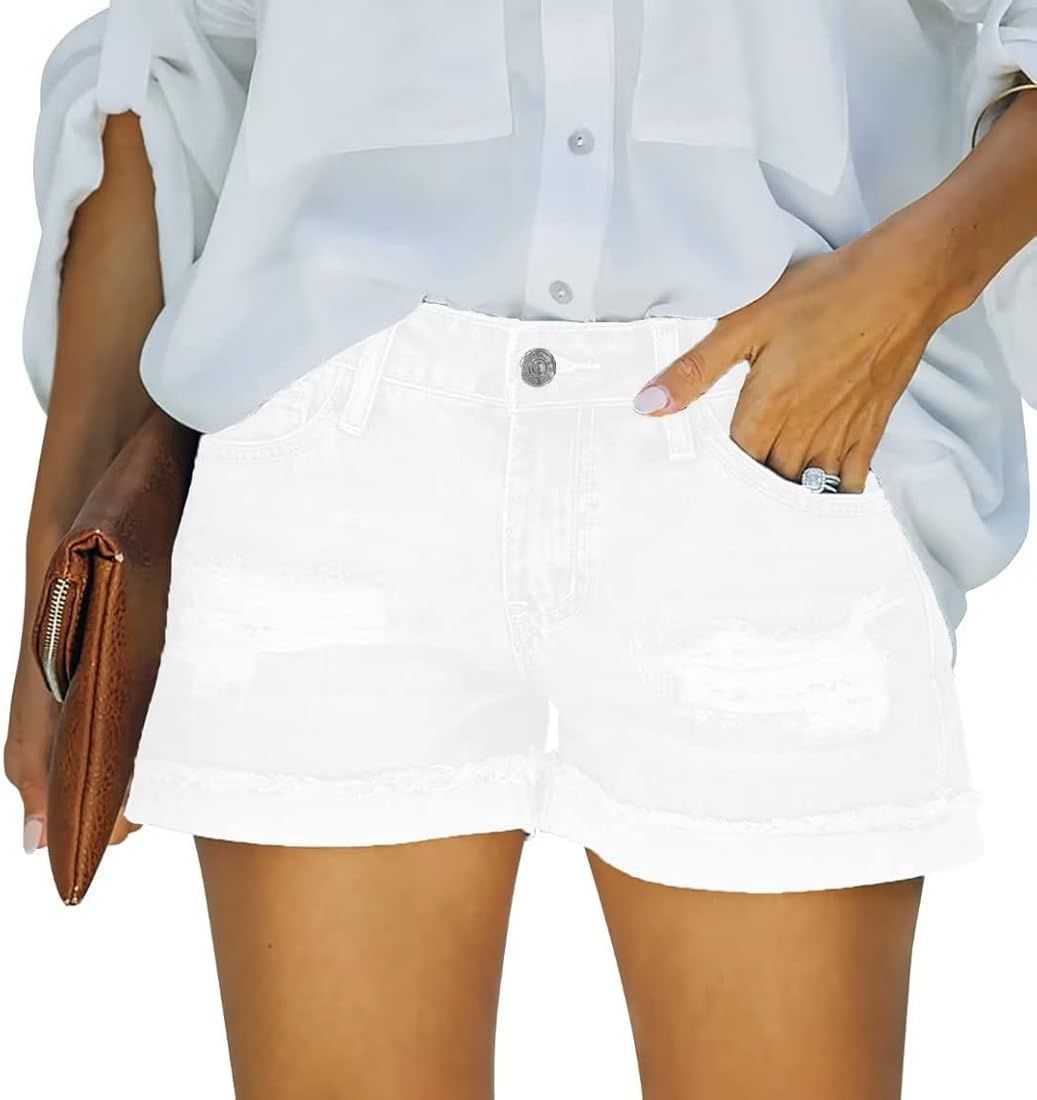 ANFTFH Womens Shorts Casual Waisted Ripped Puncture Elastic Denim Frayed Hem Shorts | Amazon (US)