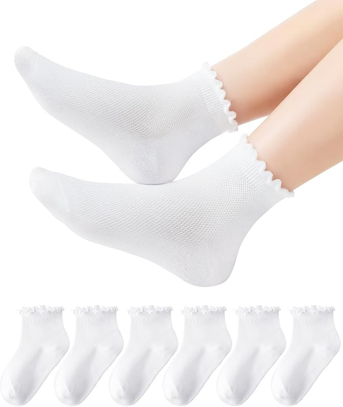 HONGTEYA Girls Socks Ruffle White School Dress Uniform Lace Cotton Socks for Kids Frilly Ankle 6 ... | Amazon (US)