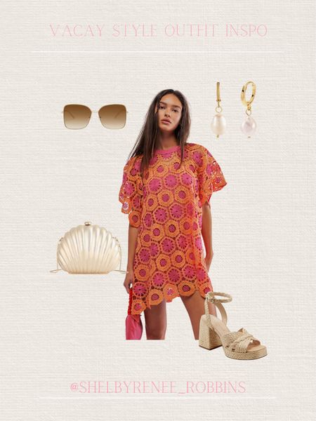 Vacation style outfits, vacay dinner outfit, beach outfit, resort style, pink and orange dress, pink and orange floral dress, clam clutch purse, sunglasses, gold block wedges, clam shell earrings 

#LTKStyleTip #LTKTravel #LTKSeasonal