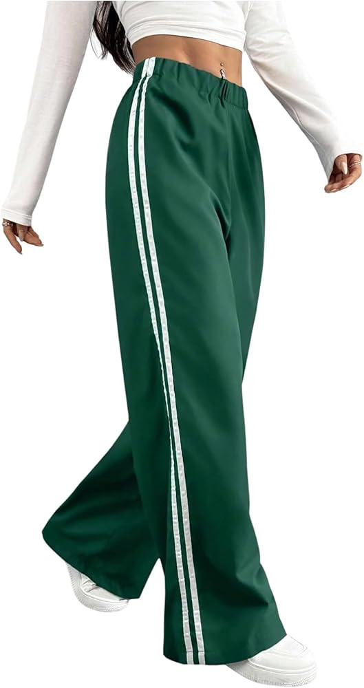 MakeMeChic Women's Striped Elastic Waist Jogger Pants Wide Leg Baggy Fall Y2K Trousers Streetwear | Amazon (US)