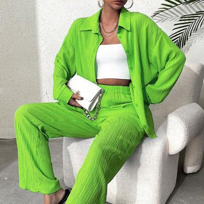 Women's Fluorescent Green Long Sleeve Pleated Shirt And Pants Set | SHEIN