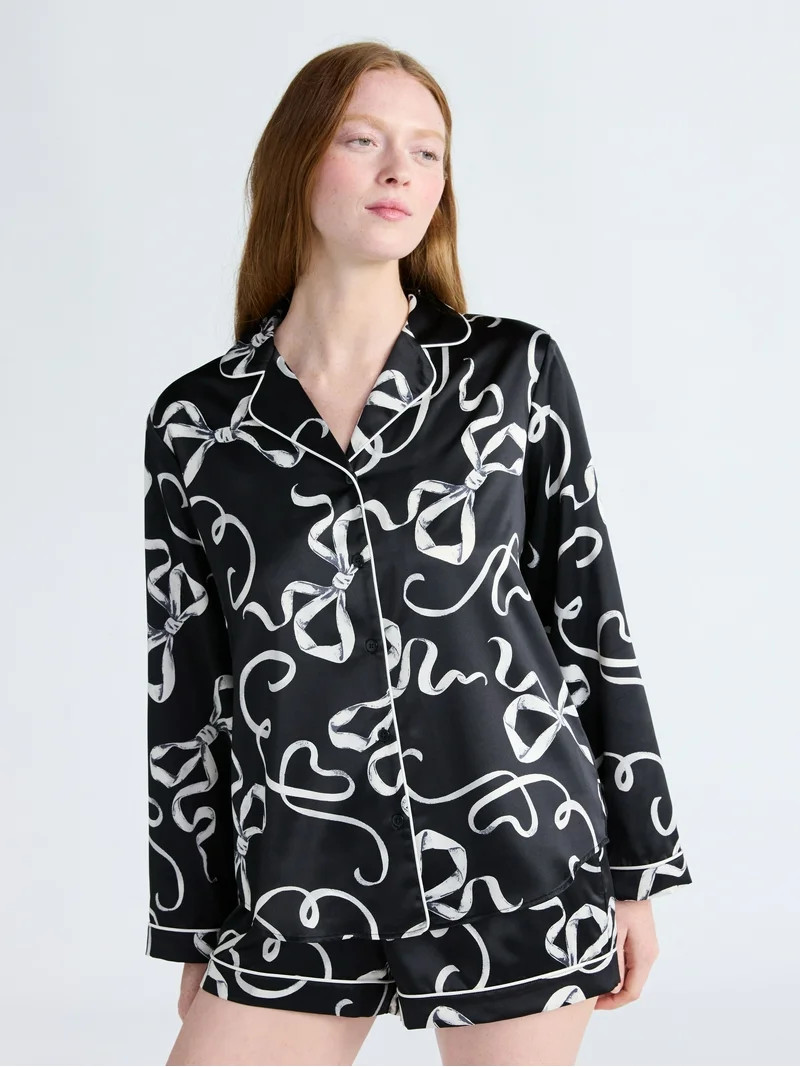 Joyspun Women’s Stretch Satin Notch Long Sleeve Top and Shorts Pajama Set, 2-Piece, Sizes XS-3X | Walmart (US)