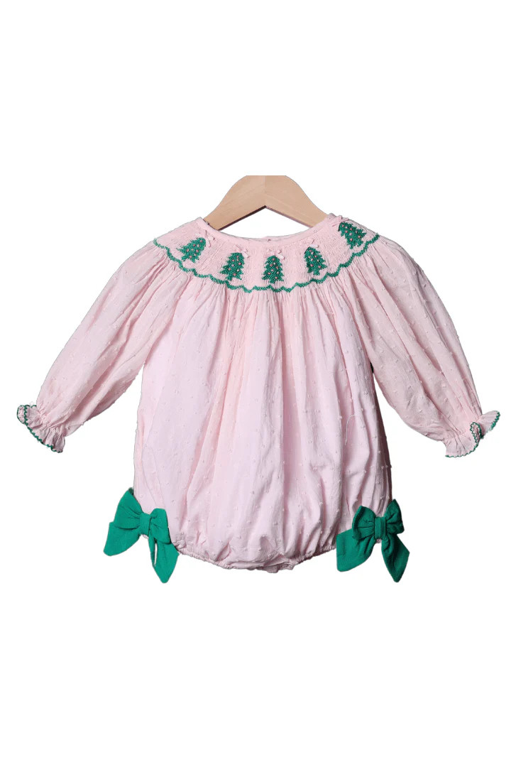 Smocked Christmas Tree Pink Swiss Dot Bubble | The Smocked Flamingo