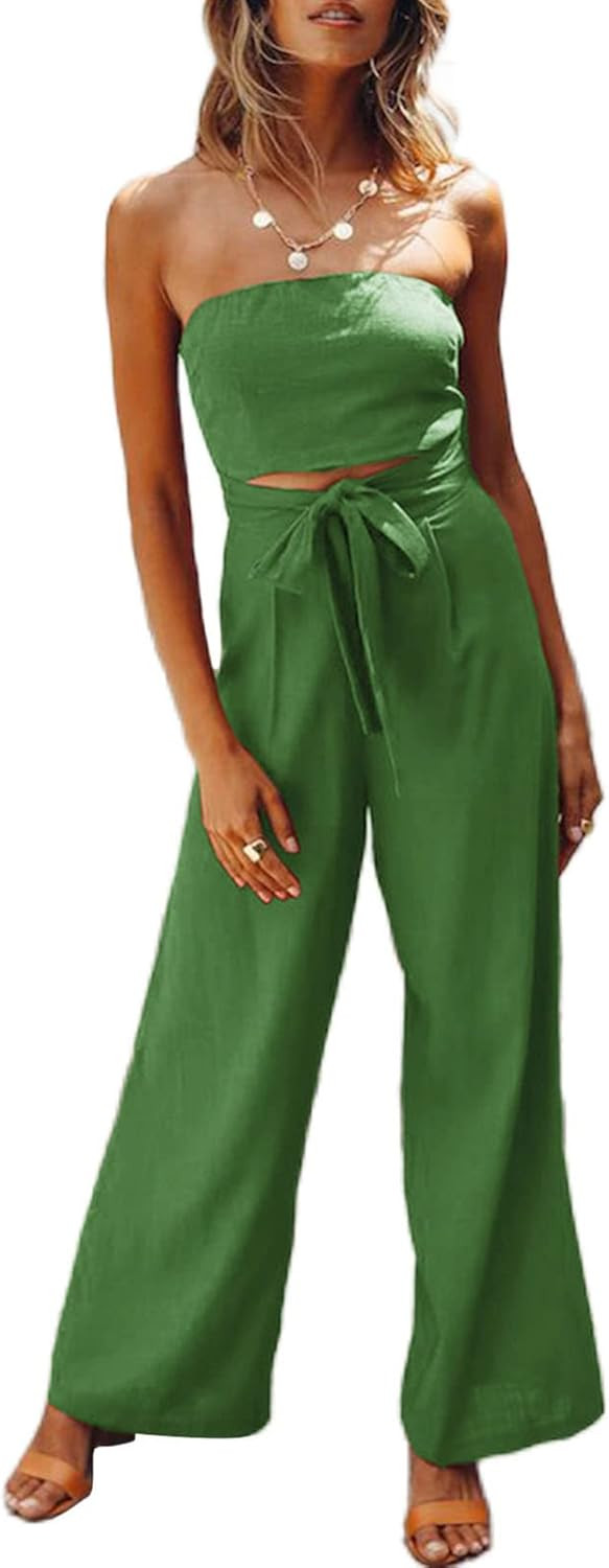 TEWWEY Women's Summer Casual Off Shoulder Sexy High Waist Solid Color Strapless Belted Wide Leg C... | Amazon (US)