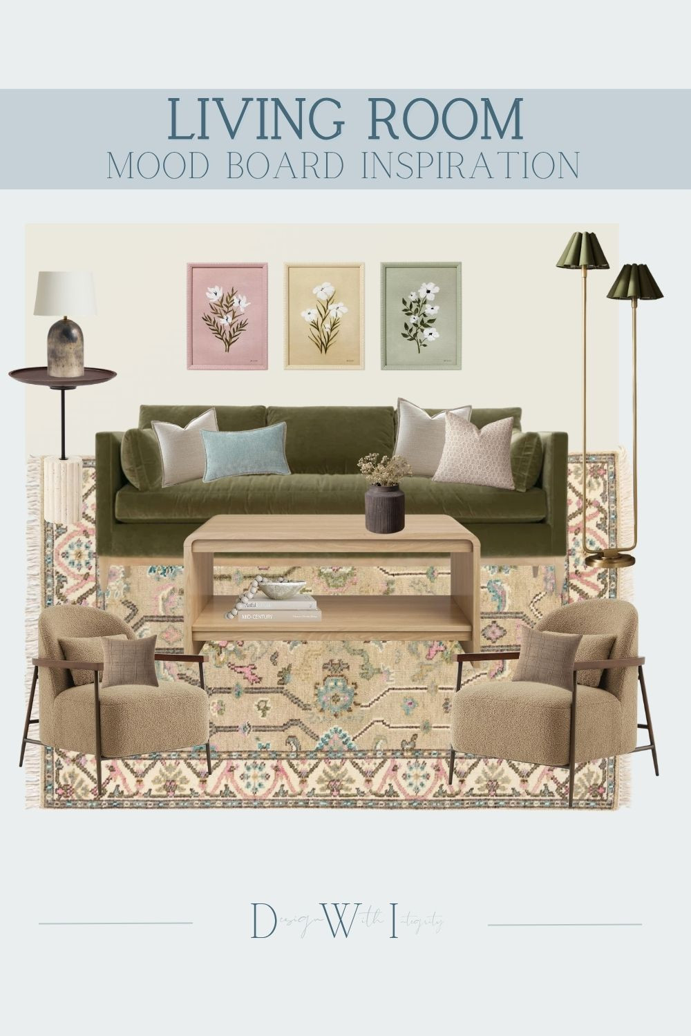 This living room mood board is all about soft contrast and fresh color layering. The olive green sofa anchors the space, while the mix of warm neutrals, soft pastels, and subtle pattern creates a look that feels both inviting and elevated.

I love how the vintage inspired rug ties everything together, adding just enough color and movement without overpowering the palette. It is a perfect balance of relaxed and refined.

Tap through to shop all of my curated selections and bring this look into your home.

#interiordesign #livingroominspo #greenlivingroom #neutraldecor #cozyhome #moderntraditional #homedecorideas #colorpalette #ltkhome #interiorstyling

green sofa living room, olive green couch, pastel living room, warm neutral decor, vintage style rug, modern traditional living room, cozy elegant decor, layered textures, soft color palette, wood coffee table, accent chairs, collected home style 

 #LTKHome