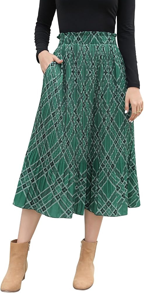 EXLURA Womens High Waist Polka Dot Pleated Maxi Skirt Midi Swing Skirt Beach Vacation Cruise Outf... | Amazon (US)