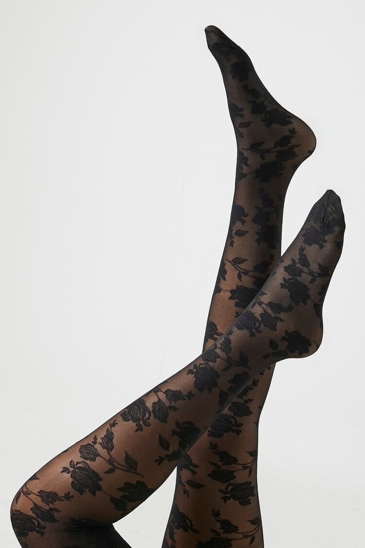 Sheer Floral Tights in Black, M/L | Forever 21