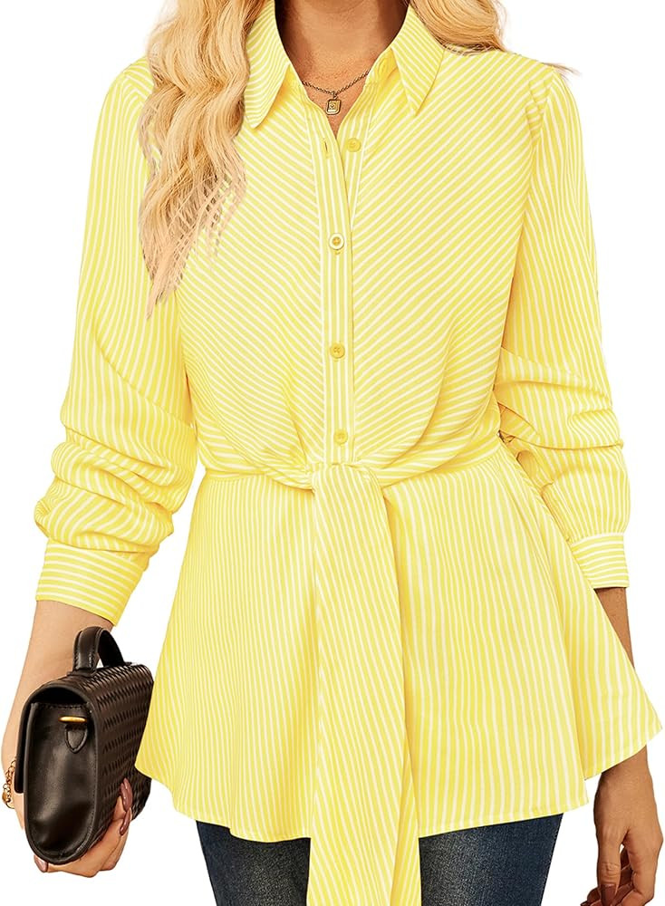 GRACE KARIN Peplum Tops for Women Tie Front Striped Button Down Shirt Collared Long Sleeve Busine... | Amazon (US)