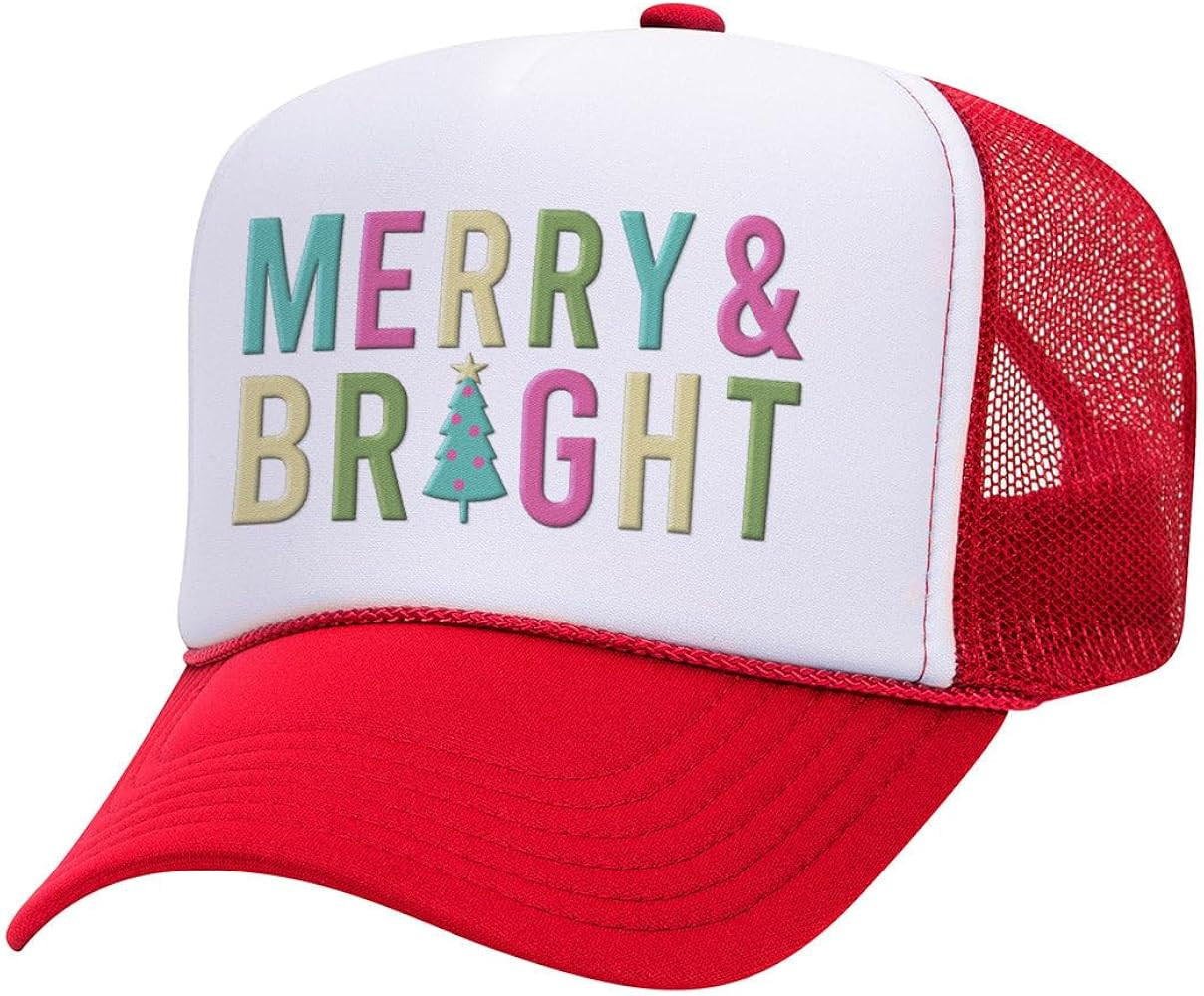 TeesAndTankYou Merry and Bright Foam Trucker Cap Adjustable Mesh Back Hat | Amazon (US)