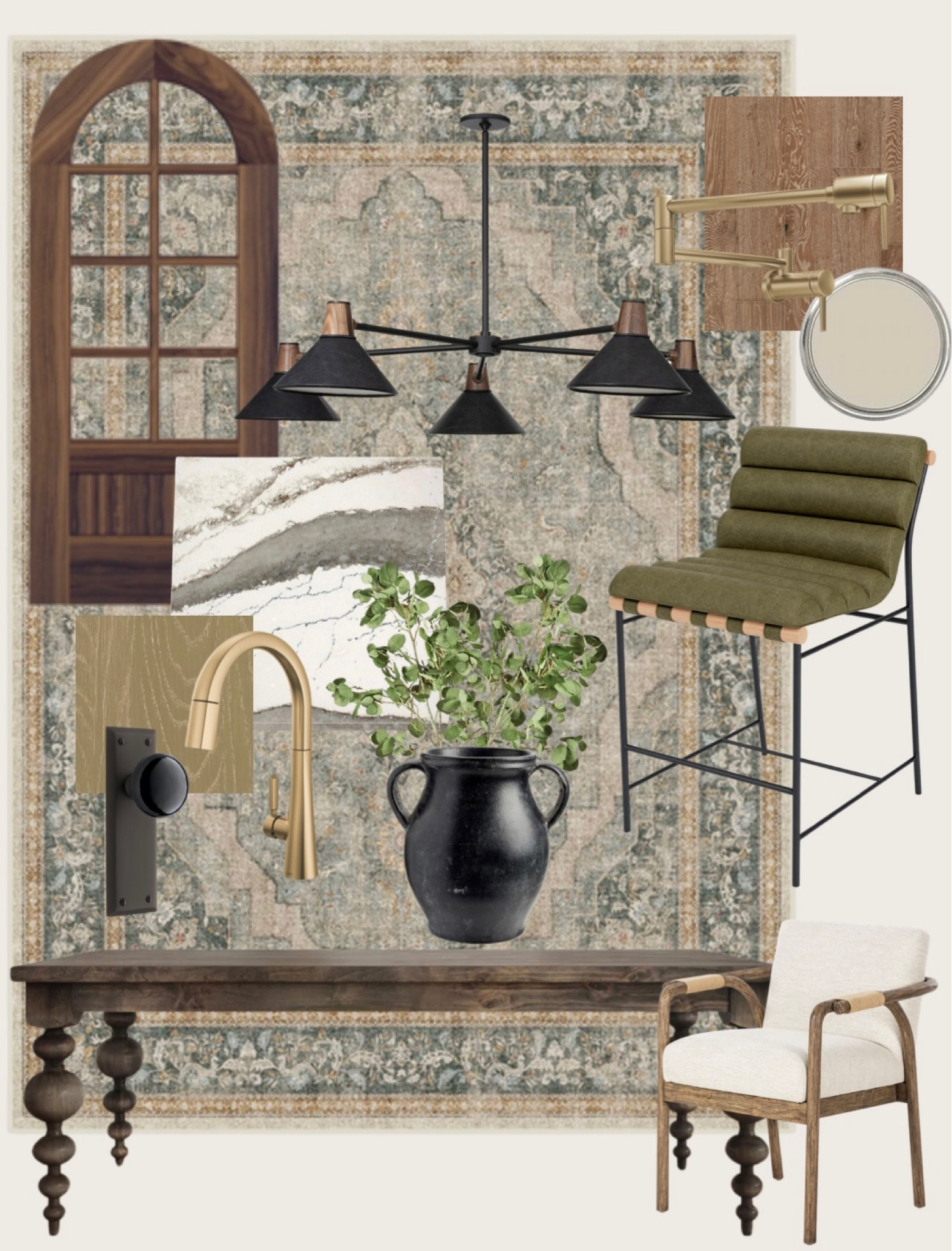 Kitchen & Dining mood board. Modern Traditional. Moody spaces. Dark Wood. Bar Stools. Arched Door. 

#LTKhome