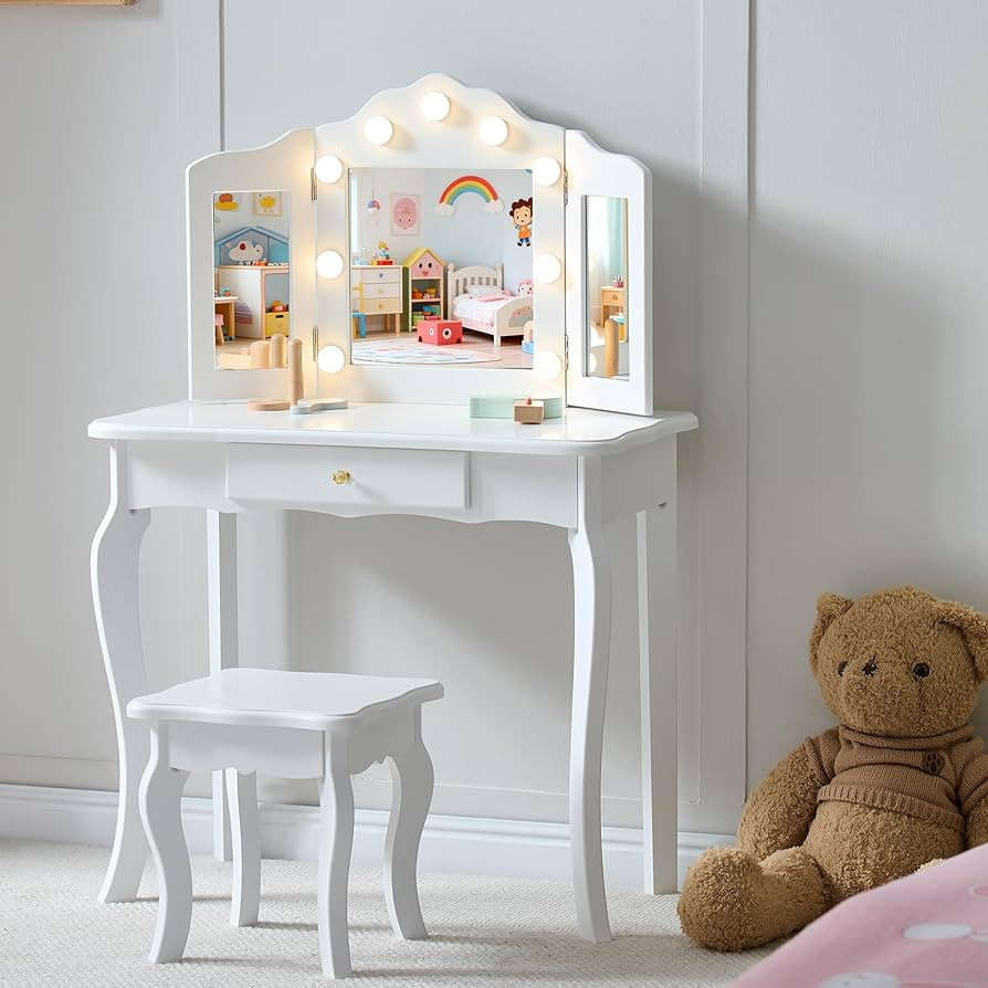 Kids Vanity, Little Girls Vanity Set with Stool and Light, 2 in 1 Wooden Kids Vanity Table and Ch... | Amazon (US)