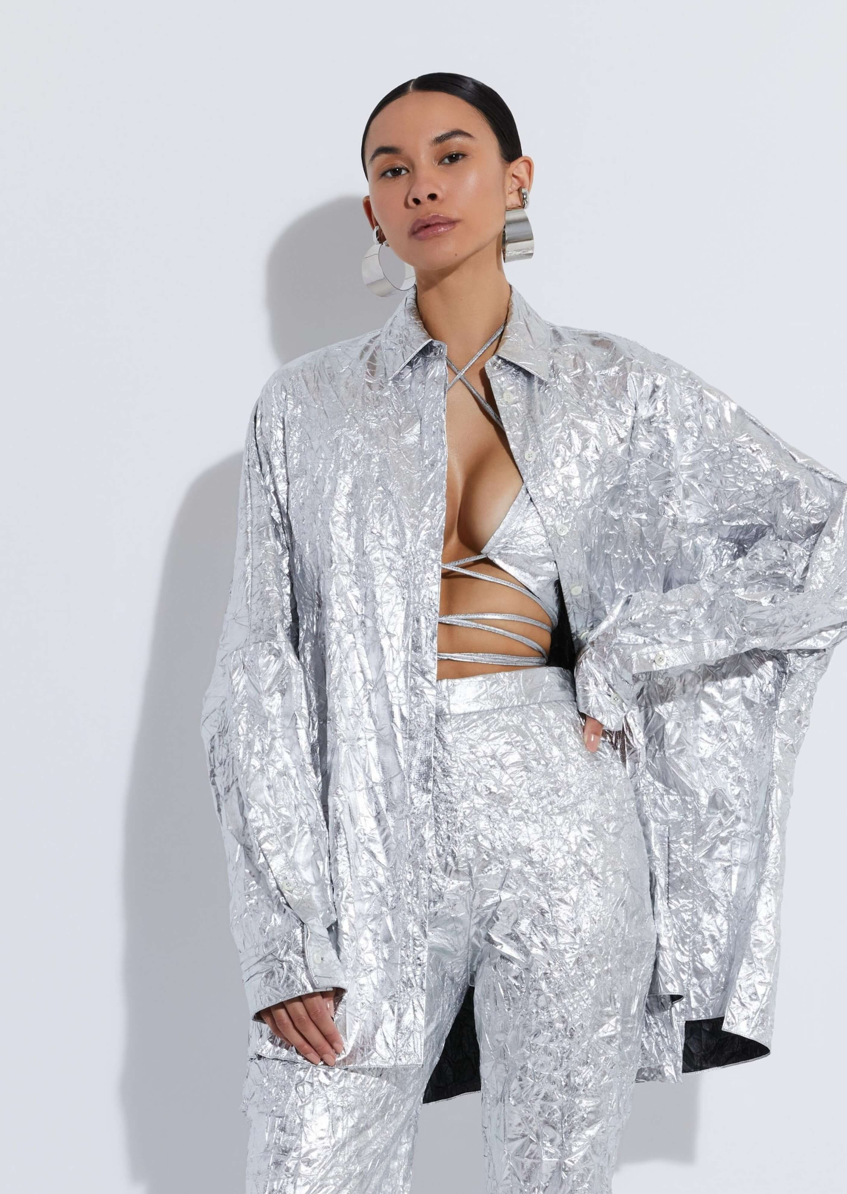 Crinkle Metallic Oversized Shirt | Lapointe (US)
