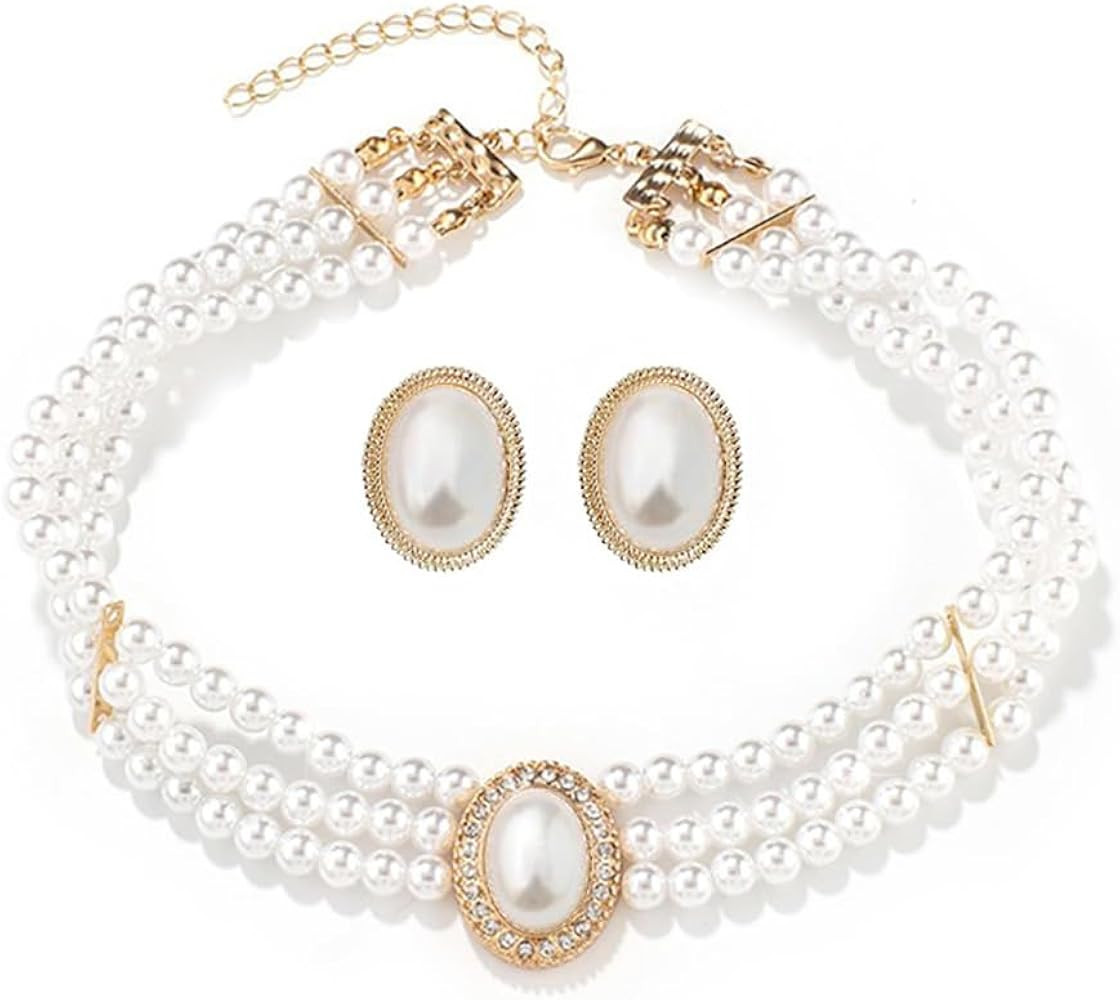 Choker Statement Imitation Pearl Necklace and Earrings set for Women Rhinestone Necklace Jewelry ... | Amazon (US)