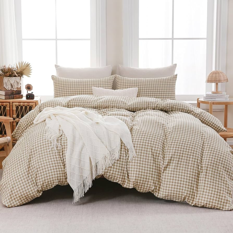 Brown Gingham Duvet Cover Bedding Set Prewashed Extra Soft Comfy Breathable 3 Piece Plaid Checker... | Amazon (US)