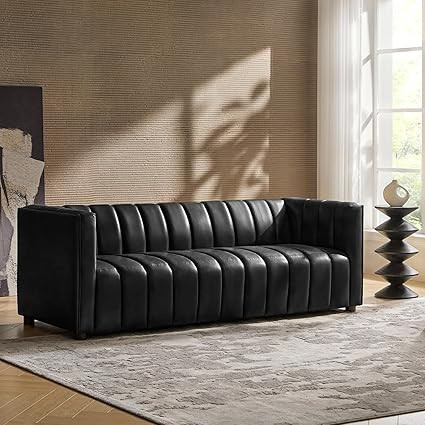 HULALA HOME 83" Genuine Leather Sofa with Channel Tufted Design, 3-Seater Sofa for Living Room Be... | Amazon (US)