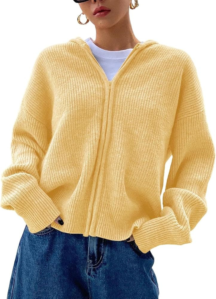 SOLY HUX Zip Up Cardigan for Women Hooded Cardigan Sweater Knitted Drop Shoulder Fall Clothes Win... | Amazon (US)