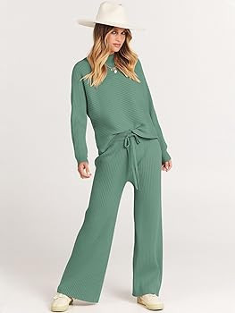 ANRABESS Women's Two Piece Outfits Batwing Long Sleeve Crop Top & Ribbed Knit Wide Leg Pants Loun... | Amazon (US)