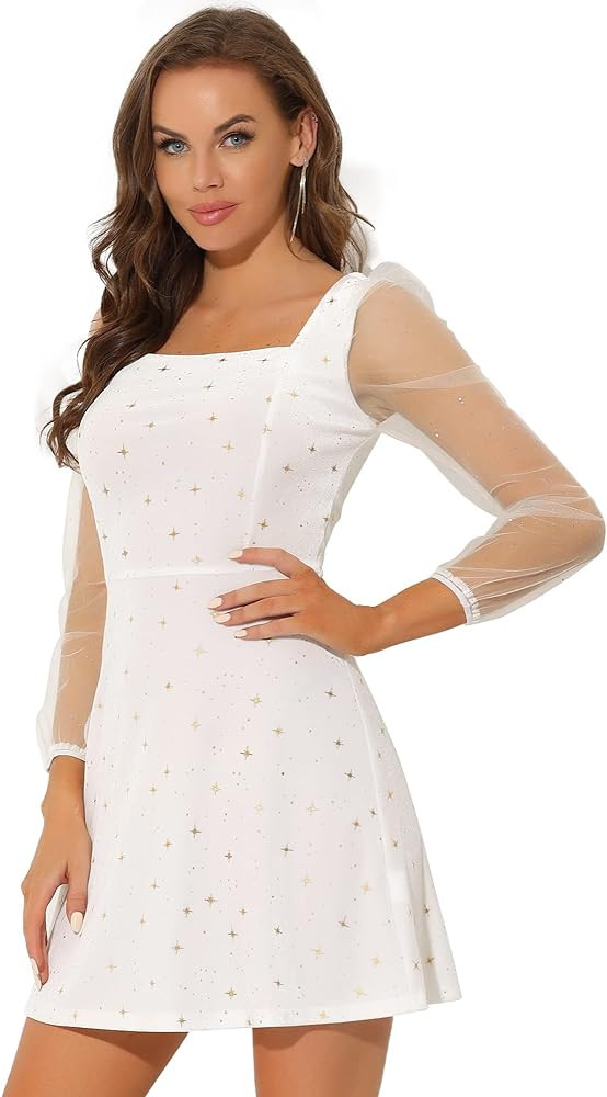 Allegra K Women's Mesh Sheer Puff Long Sleeve Square Neck Glitter Star Mini Velvet Dress | Amazon (US)