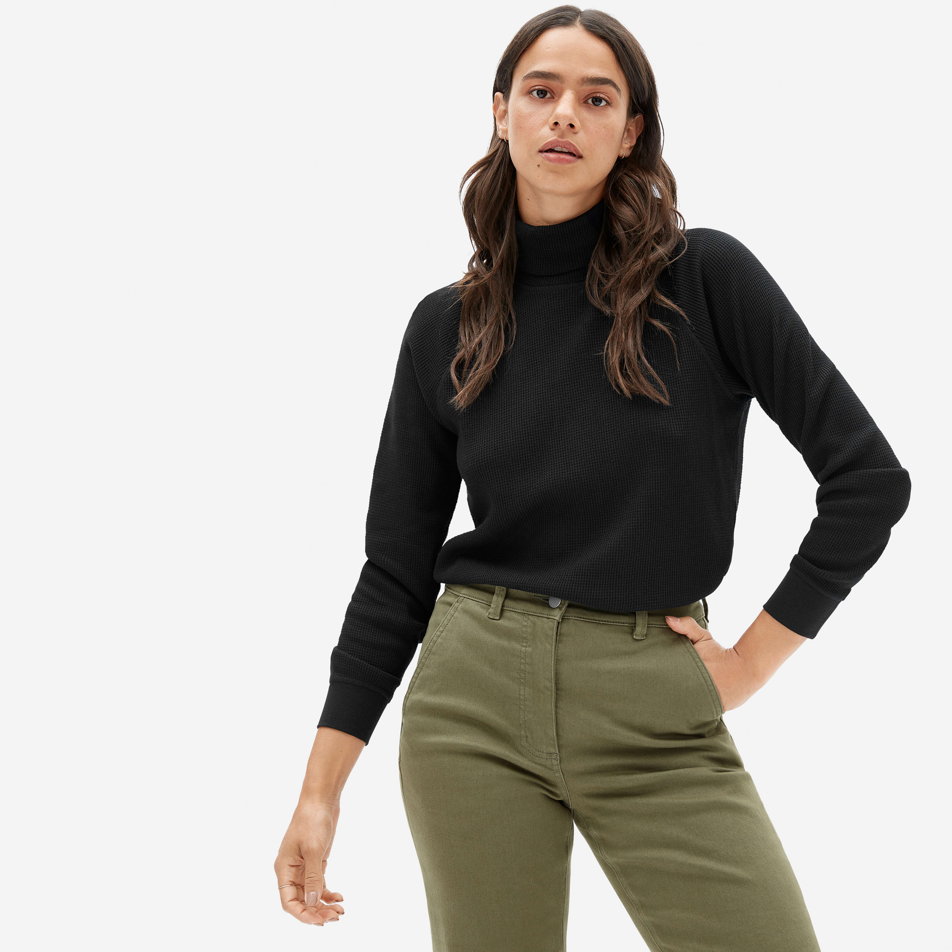 Women's Organic Cotton Turtleneck Waffle Tee Sweater by Everlane in Black, Size S | Everlane