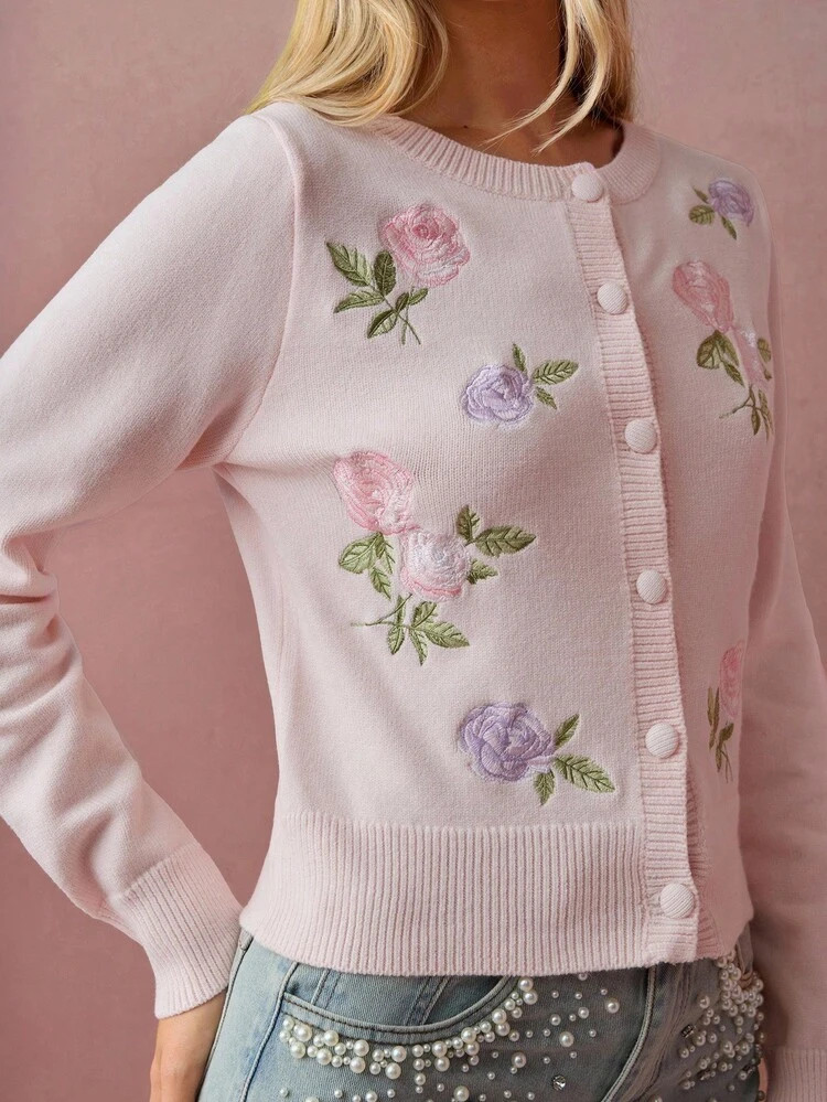 Enchnt Dames Gebreide Cardigan Met Bloemenborduursel, Ronde Hals, Lange Mouwen En Enkele Rij Knopen | SHEIN