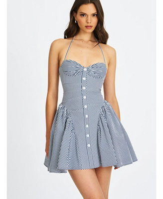 Women Melody Navy Blue Railroad Stripe Halter Drop Waist Mini Dress | Macy's