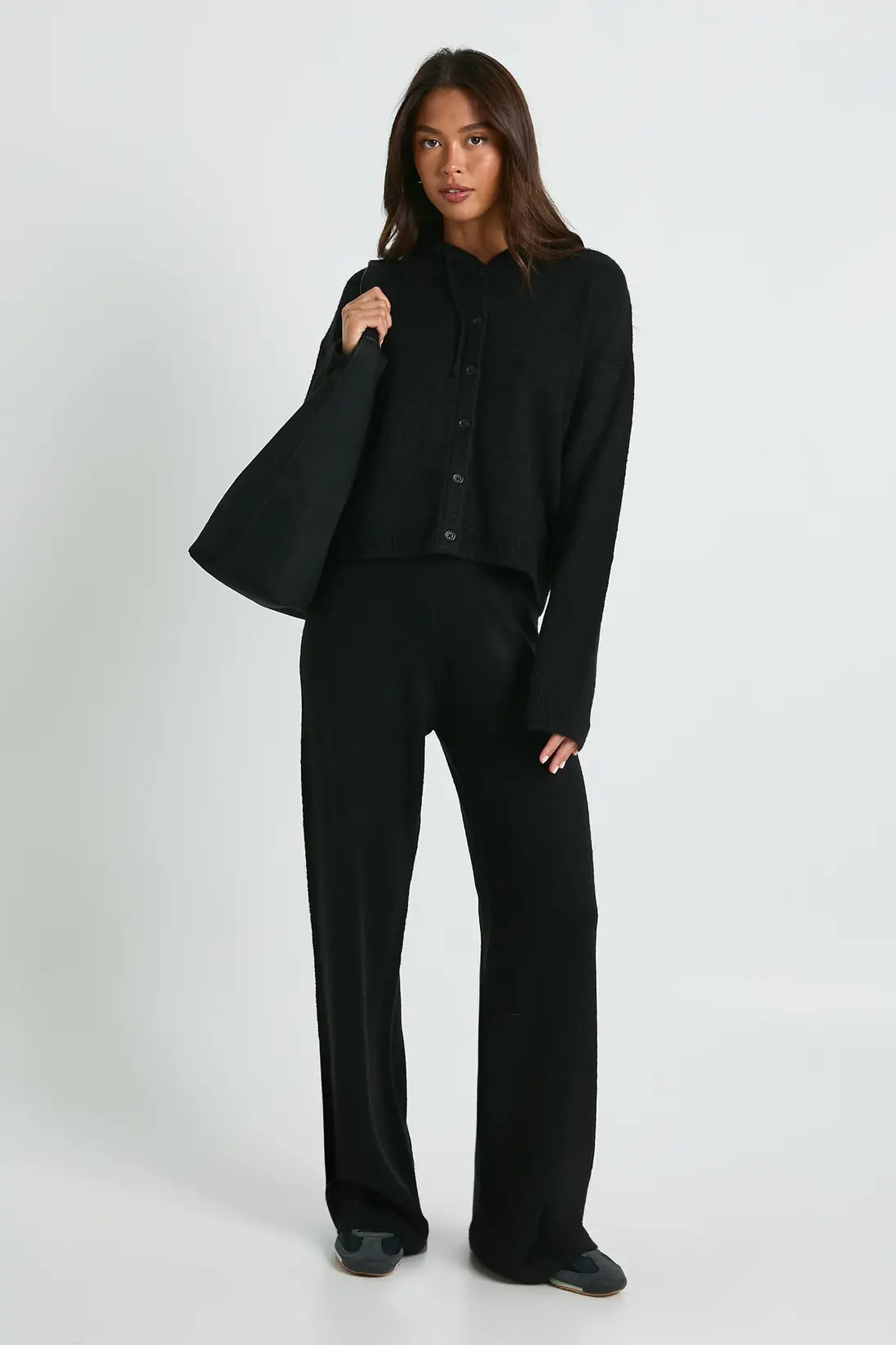 Black Knitted Oversized  Button Through Hoody and Wide Leg Trouser | Boohoo | Boohoo.com (UK & IE)