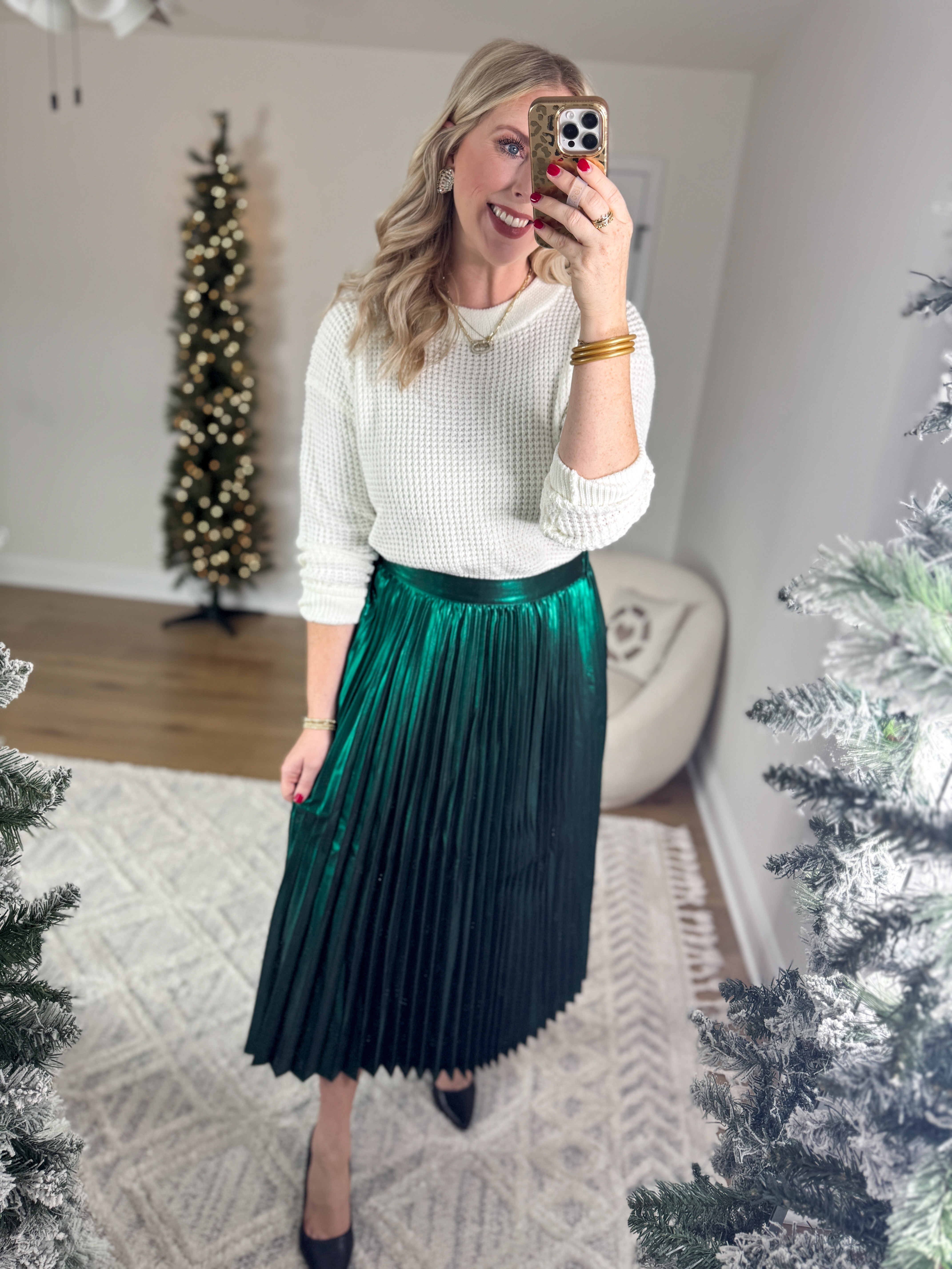 Weekend Walmart Wins try on 
Waffle sweater- medium 
Green metallic pleated midi skirt- medium 

#LTKSaleAlert #LTKFindsUnder50 #LTKHoliday