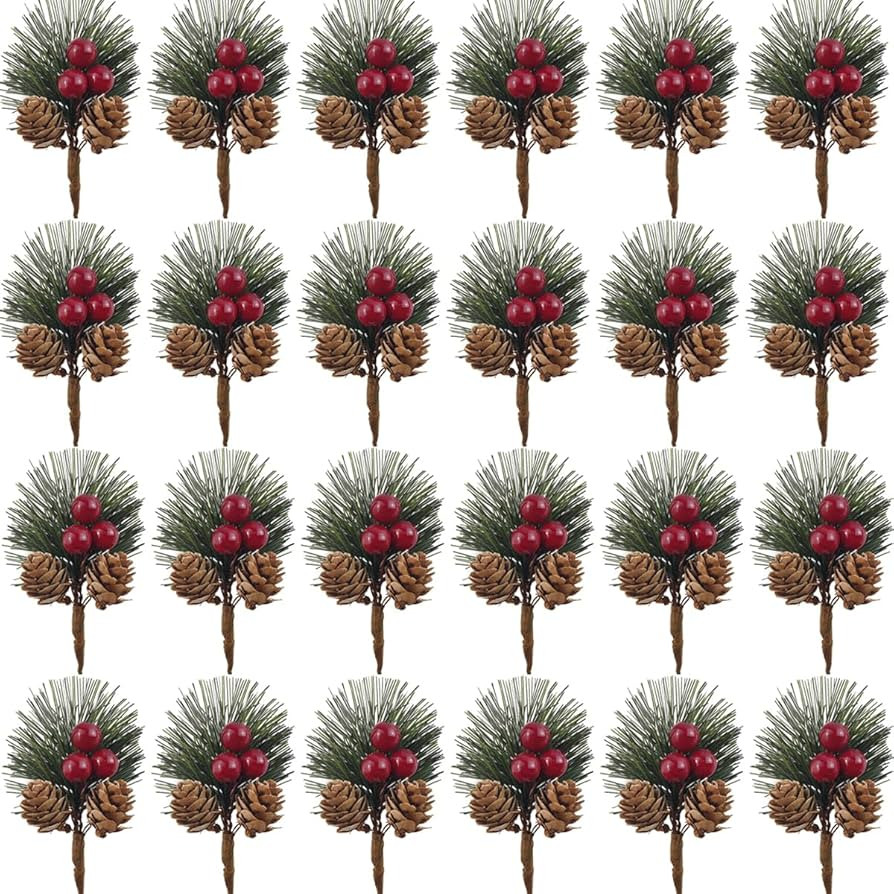 TIHOOD 25PCS Artificial Pine Picks, Pine Needles Branches with Red Berry Stems, Small Fake Berrie... | Amazon (US)