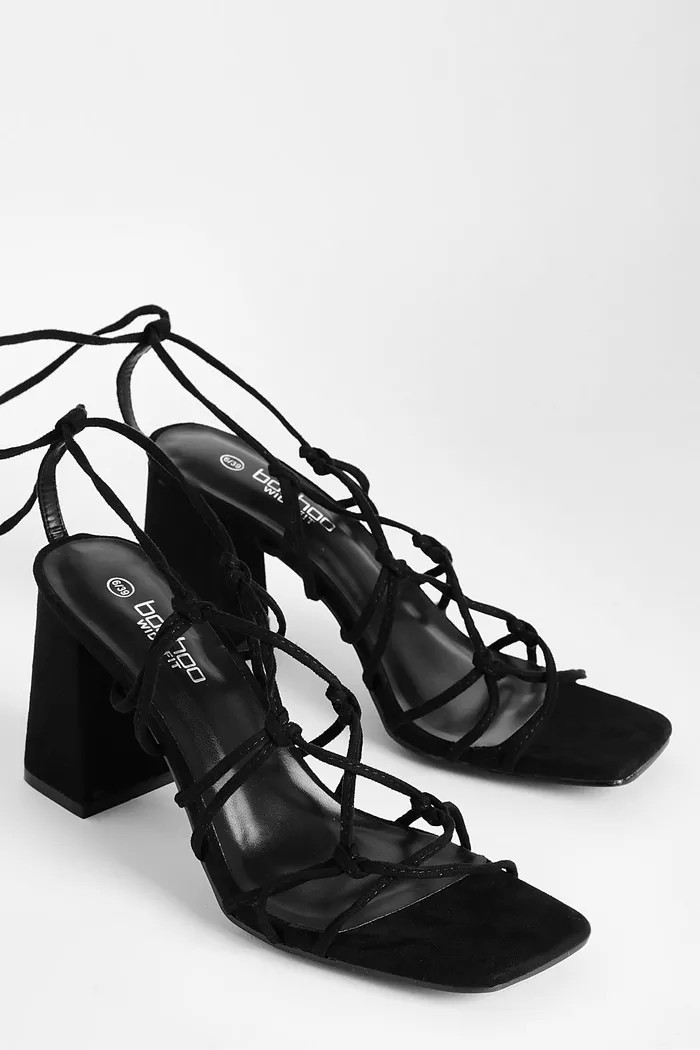 Wide Width Caged Tie Up Block Heel Sandals | Boohoo.com (US & CA)