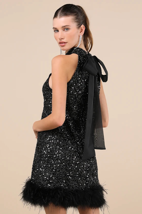 Magnetic Darling Shiny Black Sequin Feather Shift Mini Dress | Lulus
