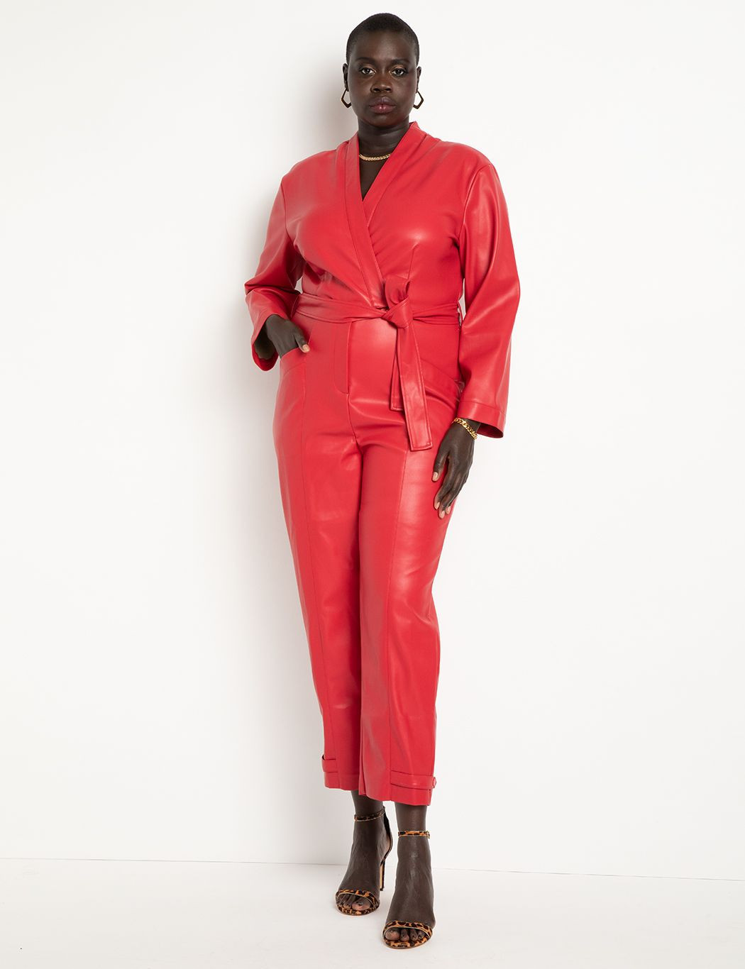 Tie Front Faux Leather Jumpsuit | Women's Plus Size Dresses | ELOQUII | Eloquii