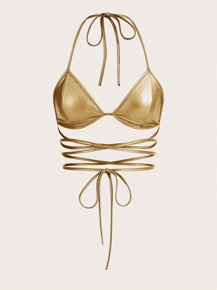 SHEIN ICON Crisscross Tie Backless Halter Golden Top | SHEIN