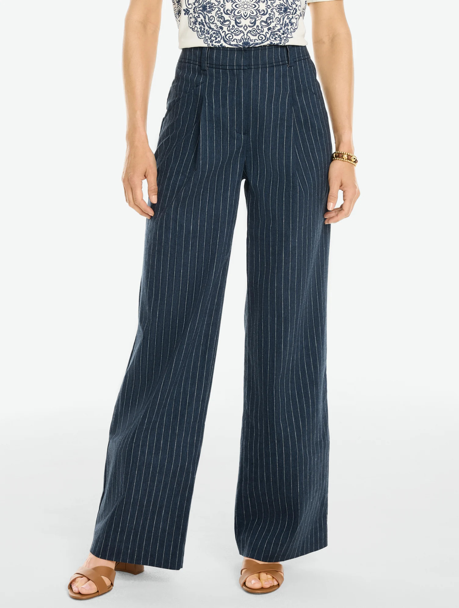 Petite - Wide Leg Pants - Pinstripe - Navy Blue/Ivory - 12 Talbots | Talbots
