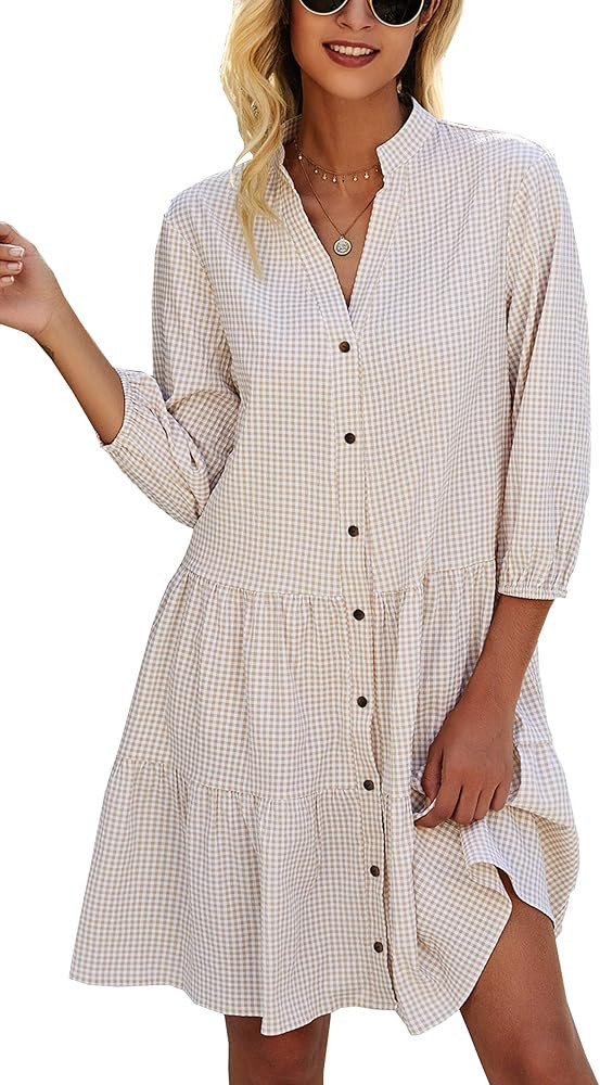 Theenkoln Women’s Summer V Neck Casual Button Down Floral 3/4 Sleeves Loose Short Shirt Dress | Amazon (US)
