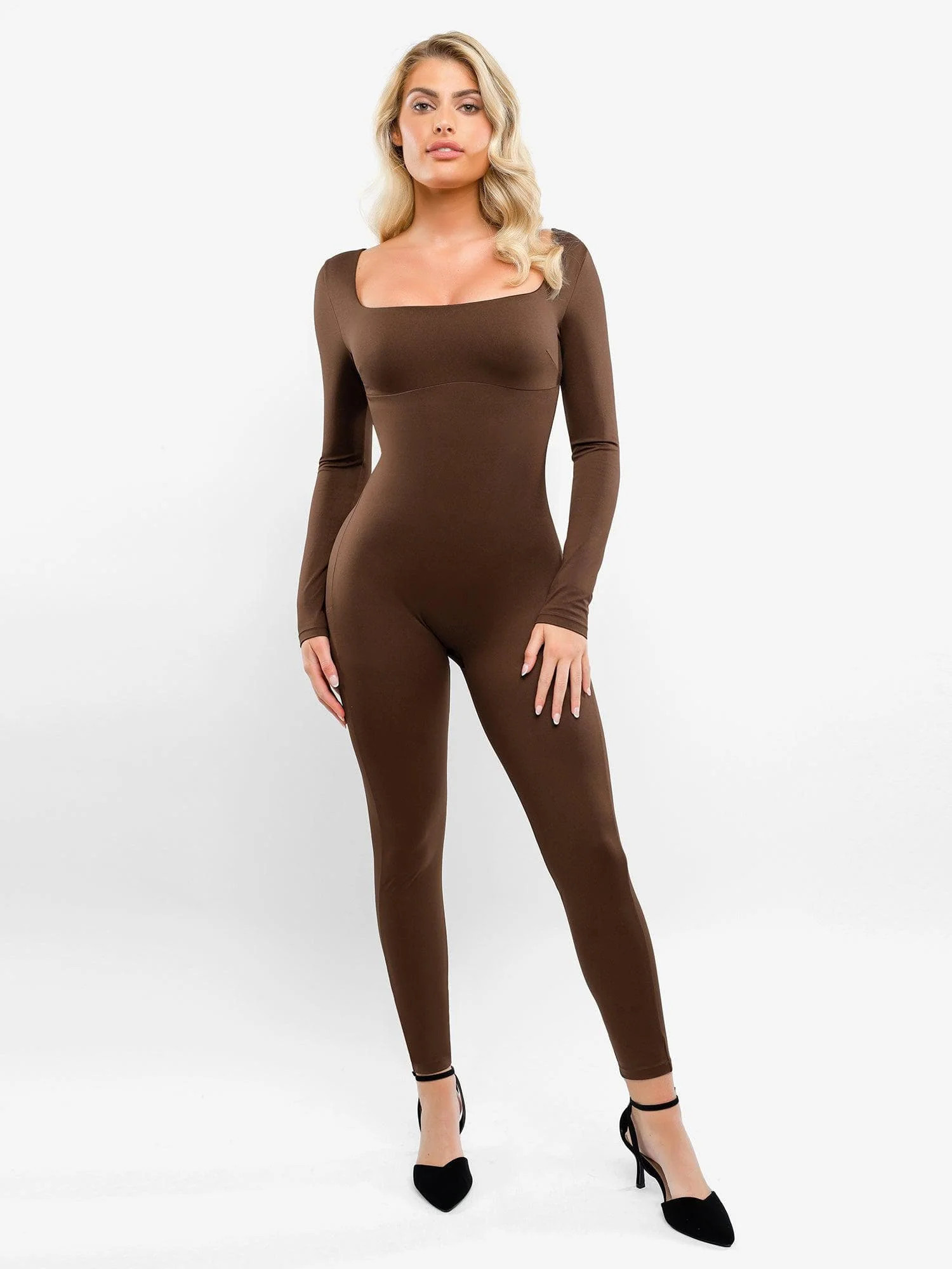 Shapewear Square Neck Long Sleeve Butt Lift Jumpsuit - Brown / L | Popilush