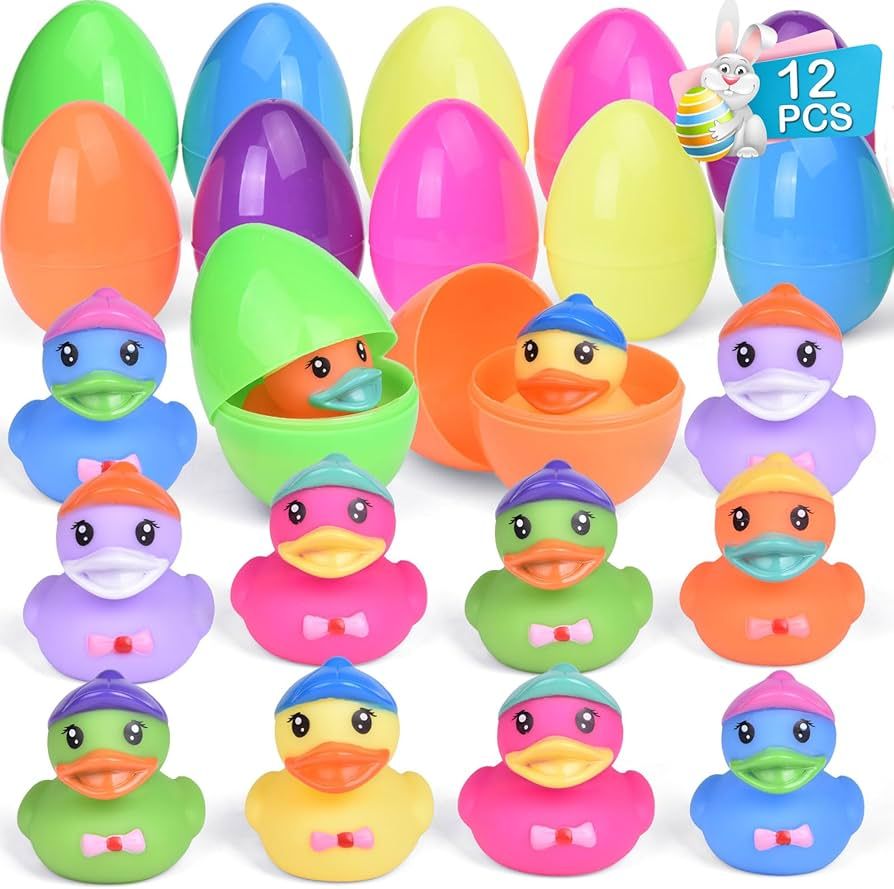 12 PCS Prefilled Easter Eggs with Rubber Duck Toys for Kids Easter Theme Party Favors, Bright Col... | Amazon (US)