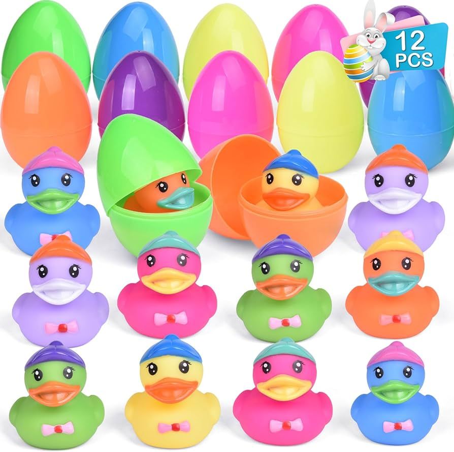 12 PCS Prefilled Easter Eggs with Rubber Duck Toys for Kids Easter Theme Party Favors, Bright Col... | Amazon (US)