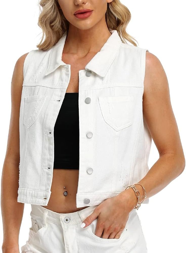 Womens Denim Jean Vest Classic Cropped Distressed Spread Collar Sleeveless Jean Jacket | Amazon (US)