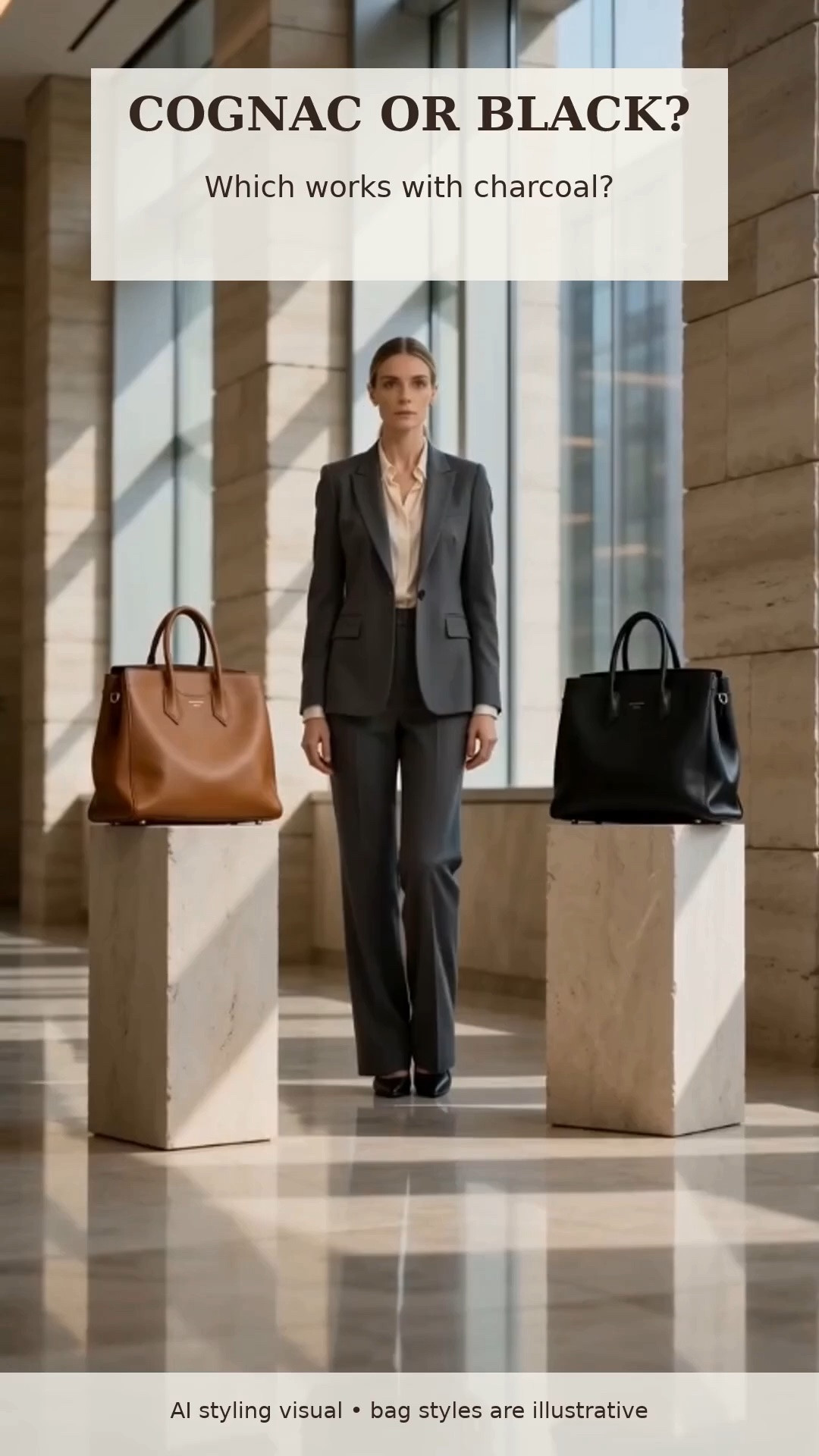 Charcoal outfit. Cognac bag or black?

Black makes the look sharper and more formal. Cognac adds warmth and contrast. With charcoal and ivory, I’d choose cognac.

Which would you wear: cognac or black?
@Macys @amazonfindsandfashion 
Visual note: AI-generated styling; the bags shown are illustrative. Check the linked listing for the exact bag and color.

#WorkBag #OfficeStyle