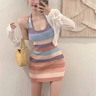 Rainbow-Stripe Mini Halter Dress / Light Cardigan | YesStyle Global