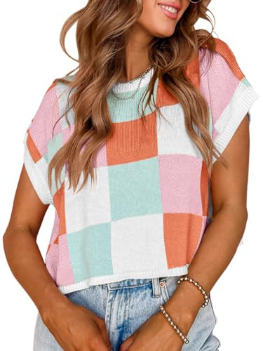 Saodimallsu Womens Cap Sleeve Crop Tops Summer Color Block Going Out Crew Neck Knit Trendy Casual... | Amazon (US)