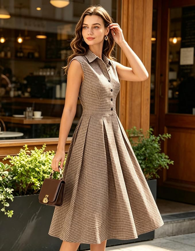 RIHOAS Women's Plaid Dress Sleeveless Button Up Midi A Line Dress Office Work Dress | Amazon (US)