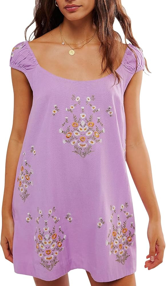 Embroidered Dress for Women Summer Floral Babydoll Short Dress Casual Lightweight Boho Vacation S... | Amazon (US)