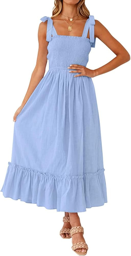 Tobrief Women's Boho Dress Summer Spaghetti Strap Square Neck Flowy Ruffle Beach Long Maxi Dress | Amazon (US)