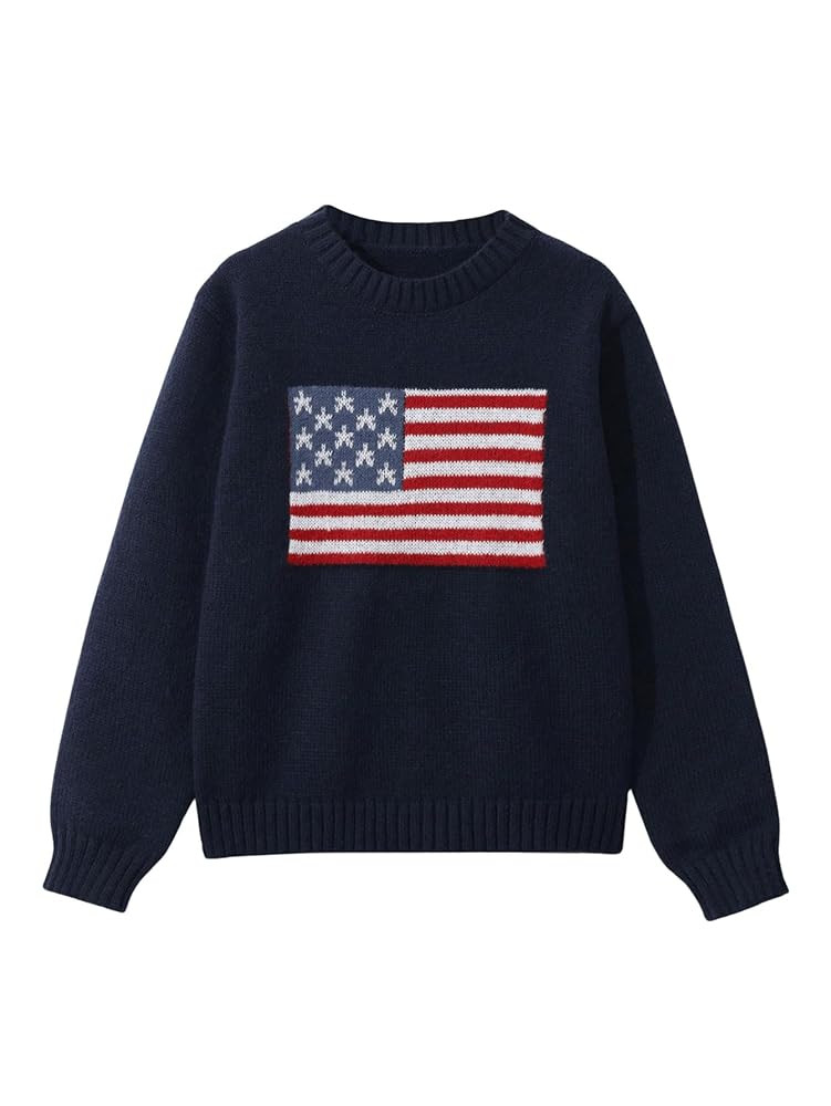 Verdusa Girl's American Flag Print Pullover Sweaters Round Neck Long Sleeve Knit Top | Amazon (US)