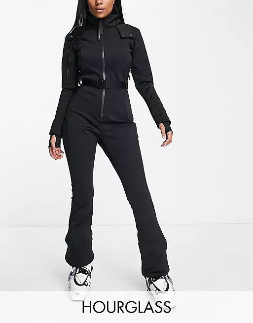 ASOS 4505 Hourglass ski belted ski suit with slim kick leg and faux fur hood in black | ASOS (Global)