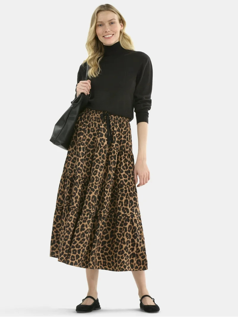 Time and Tru Women's Print Tiered Pull On Midi Skirt, Sizes XS-XXXL | Walmart (US)