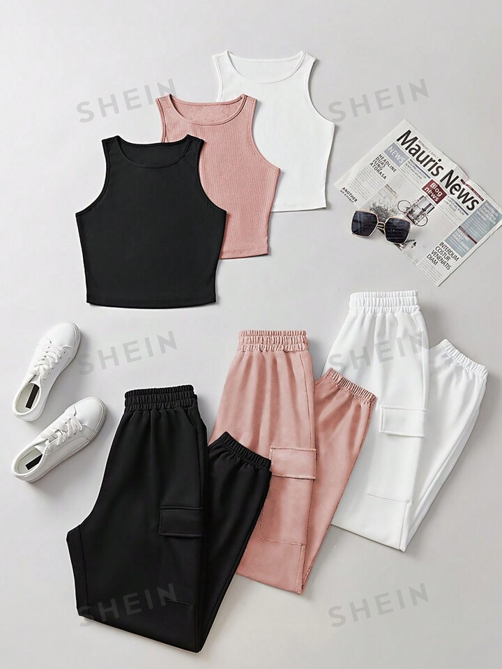 SHEIN EZwear Summer Casual Tank Top With Round Neckline And Cuffed Joggers With Flap Pockets | SHEIN