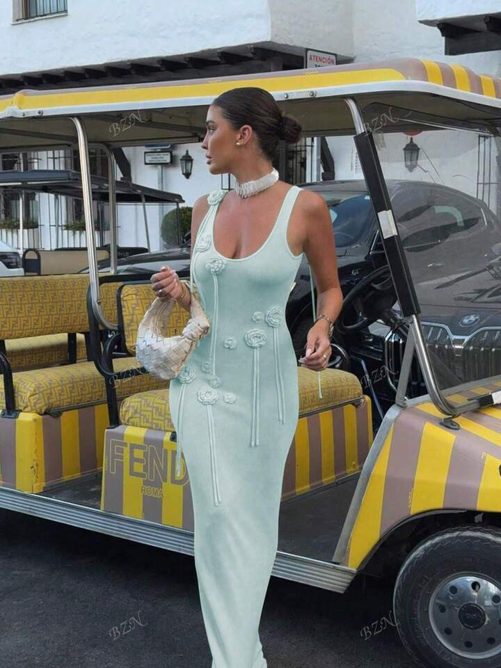 Women's New Style Round Neck Sleeveless Semi-High Neck Handcrafted Hlower Decorated Casual Vacation Daily Wear Top, Spring Summer Fall | SHEIN